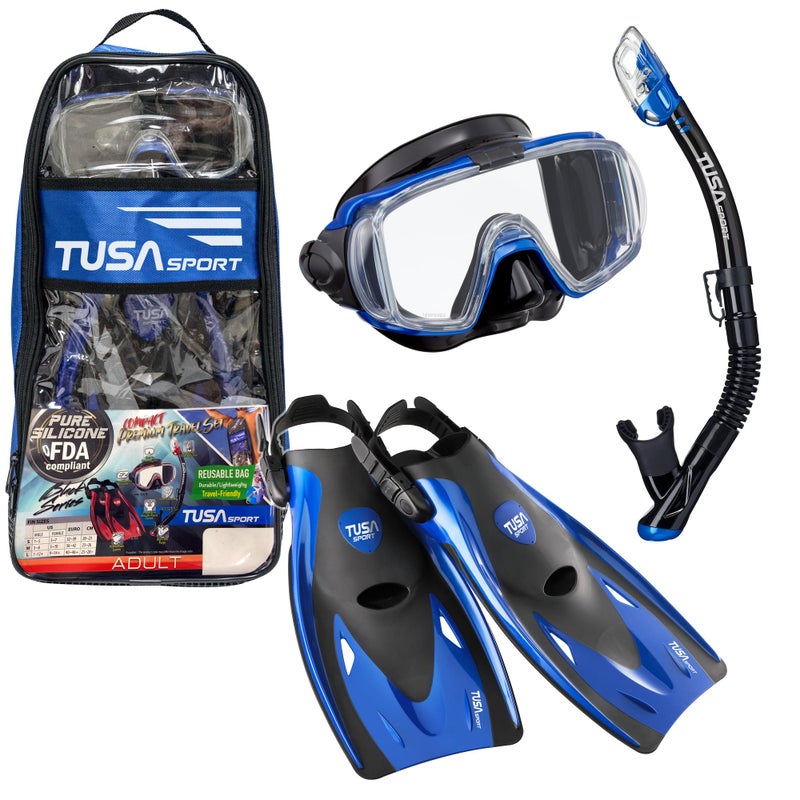 TUSA Sport Adult Visio Tri-Ex Mask, Dry Snorkel, and Fins Travel Set, Black/Metallic Blue, Large, UP-3521QB-MB-L - Image 1